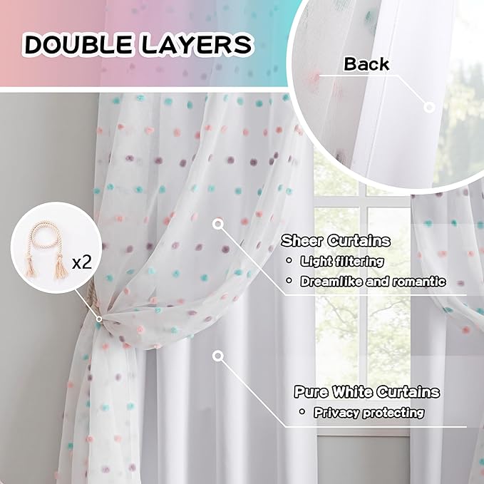 MYSKY HOME White Curtains for Kids Bedroom 72 Inches Long Pom Pom Sheer Nursery Curtains for Boys Room Closet 2 Layered Room Darkening Window Drapes for Toddler Grommet, White, 52 x 72 Inch, 2 Panels