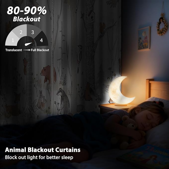 Kids Blackout Curtains for Nursery, Boy's Woodland Animal Print Curtains for Bedroom, Cartoon Room Darkening Window Drapes 2 Panels Set, White, 52W x 63L