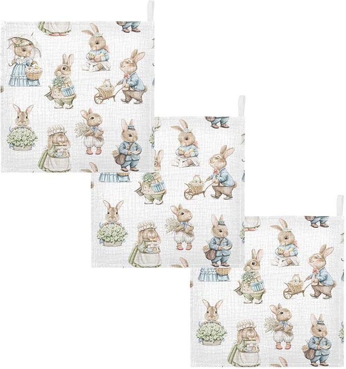 Vvfelixl Muslin Washcloths Easter Rabbits Bunny Baby Burp Cloths Cotton Face Towel for Newborn Infants Boys Girls - Soft and Absorbent 11.8 X 11.8 in, 3 Pack