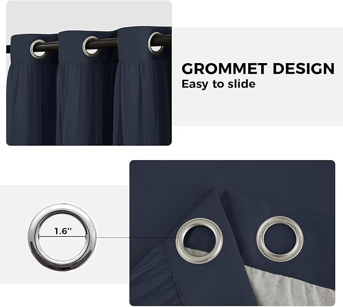 100% Blackout Curtains for Bedroom, Double Layer Navy Blue Curtains, Black Out Curtain 84 inch long With Sheer Overlay for Living Room, Room Darkening Window Drapes with Grommet, 52"W x 84"L