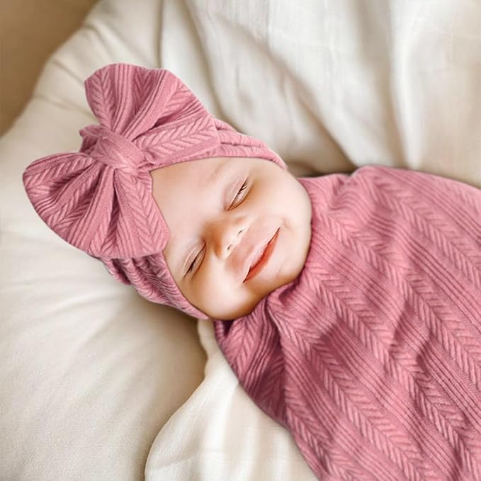 DRESHOW BQUBO Baby Swaddle Blankets for Girls, 4PCS Newborn Accessories Set with Hat and Bow Headband with Hello World Wooden Birth Announcement Card, Baby Blankets for Girls
