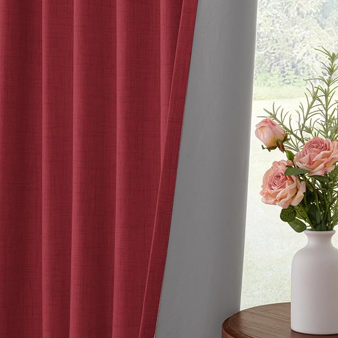 INOVADAY 100% Blackout Curtains for Bedroom, Black Out Curtains 84 Inch Long, Clip Rings Linen Blackout Drapes, Thermal Insulated Room Darkening for Living Room, 2 Panels - Ruby Red,W50xL84