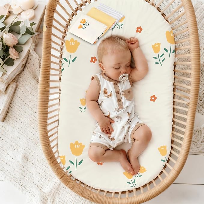3 Pack Stretchy Bassinet Sheets - Universal Fit for Rectangle, Round, Oval, Hourglass Cradles & Moses Baskets - Soft Breathable Fitted Bassinet Sheets Set for Baby - Yellow & Flower