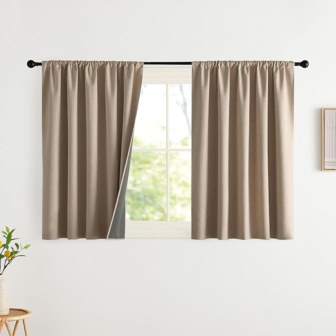 NICETOWN Burlap Vintage 2 Panels Faux Linen 100% Blackout Curtains, 42 x 36 Inches, Rod Pocket Style, Thermal Insulated & Noise Reducing Drapes for Living Room, Bedroom, Modern, Farmhouse