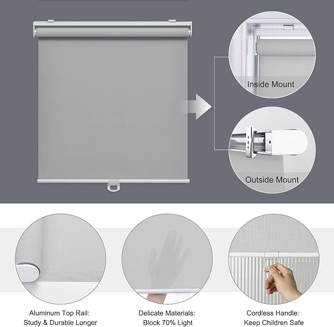 AOSKY Cordless Roller Shades for Windows Light Filtering Shades with 5% Openness Solar Screen Semi Sheer Roller Blinds UV Protection for Office and Home. Easy to Install 40" W x 72" H (Grey)