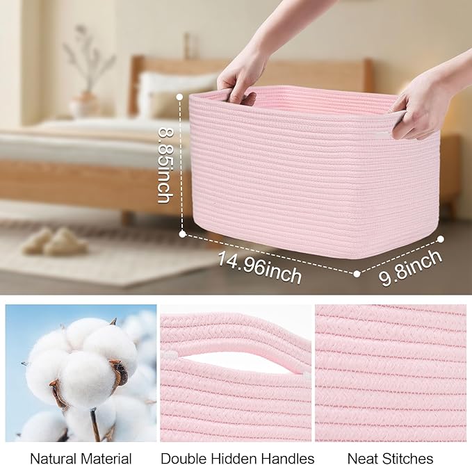 Woven Storage Baskets, Pink Baskets for Organizing, 3 Pack Woven Basket for Storage, Storage Baskets for Shelf, Towel, Toy, Book, Closet, Baby 15"×10"×9"
