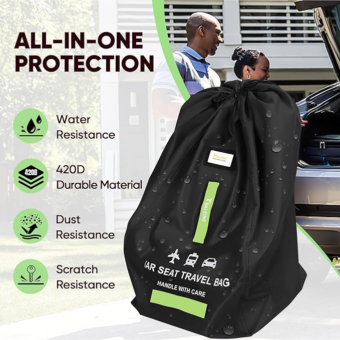BALEINE Car Seat Travel Bag for Airplane, Water-Resistant Car Seat Bags for Air Travel, Foldable Cover with 3 Handles, Fits Toddler Carseat, Convertible and Booster Seats (Black)