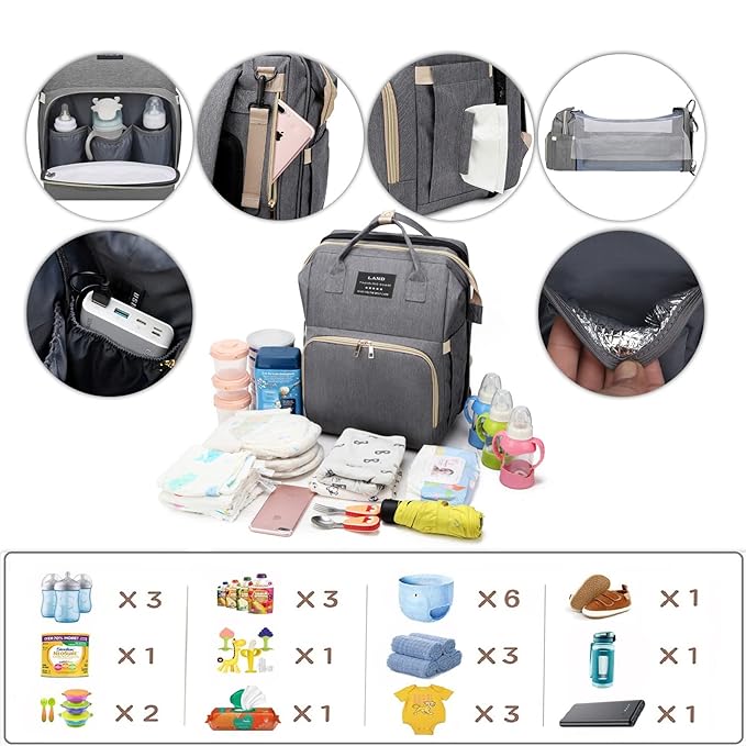 Baby Diaper Bags with Changing Station,Waterproof Diaper Bag Backpack for Moms Dads with USB Charging Port,Large Capacity Multifunctional Baby Essentials(Grey)