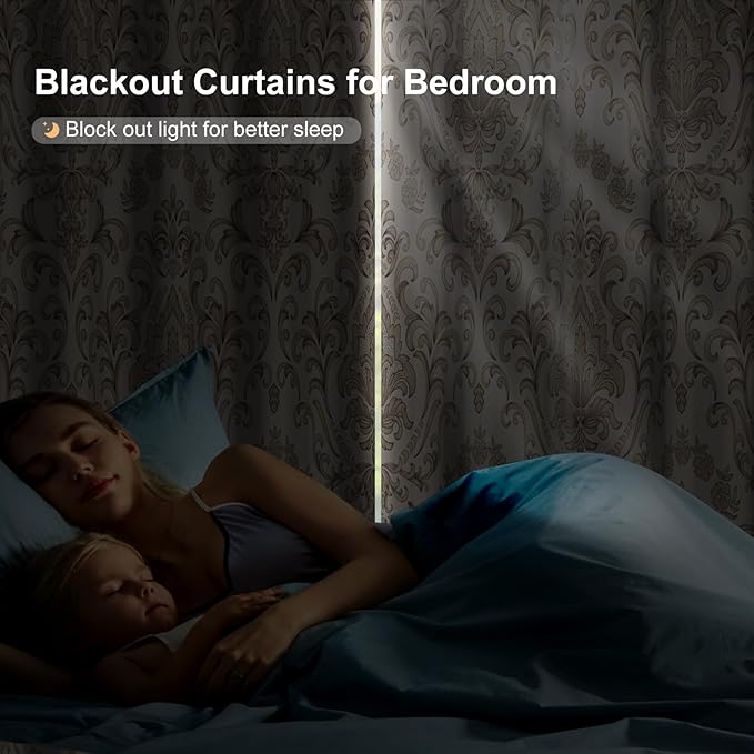 Bedroom Curtains 84 Inches Long, Blackout Curtains for Living Room Darkening, Vintage Damask Pattern Beige Curtain 2 Panels Set, Grommet Thermal Privacy Black Out Window Drapes for Bedroom Nursery
