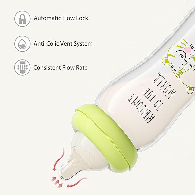 YOHKOH Natural Glass Baby Bottle with Level 2 Medium Flow Nipple, Newborn Anti-Colic Baby Bottles, Wide Neck Mushroom Baby Glass Bottle (8.8ounce (Pack of 4), Green1)