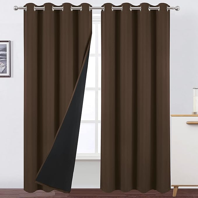 LEMOMO 100% Blackout Curtains 52 x 95 Inch/Chocolate Curtains 2 Panels with Black Lining Room Darkening Thermal Insulated Bedroom Curtains