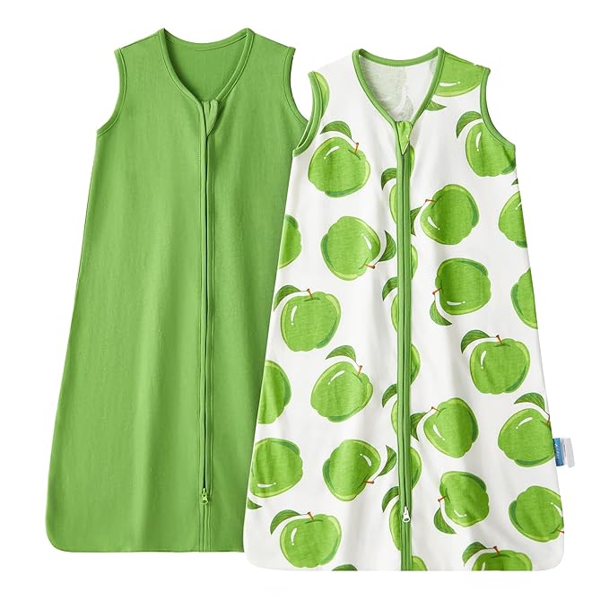 TILLYOU 2 Pack Infant Sleep Sack 0-6 Months 100% Cotton Wearable Blanket 0.5 TOG Sleeveless Summer Sleep Sacks with 2-Way Zipper, Green Apple & Fruit Green
