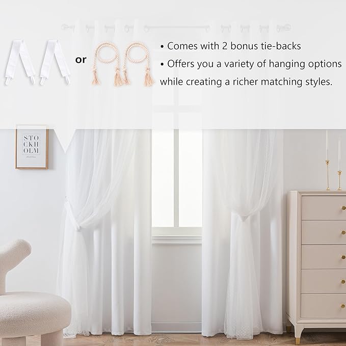 MYSKY HOME White Curtains for Girls Bedroom & Nursery Kids Cute 90 Inch Curtains Double Layer with Polka Dots Sheer, Grommet Tops, 52" Wide Each Panel, 2 Panels