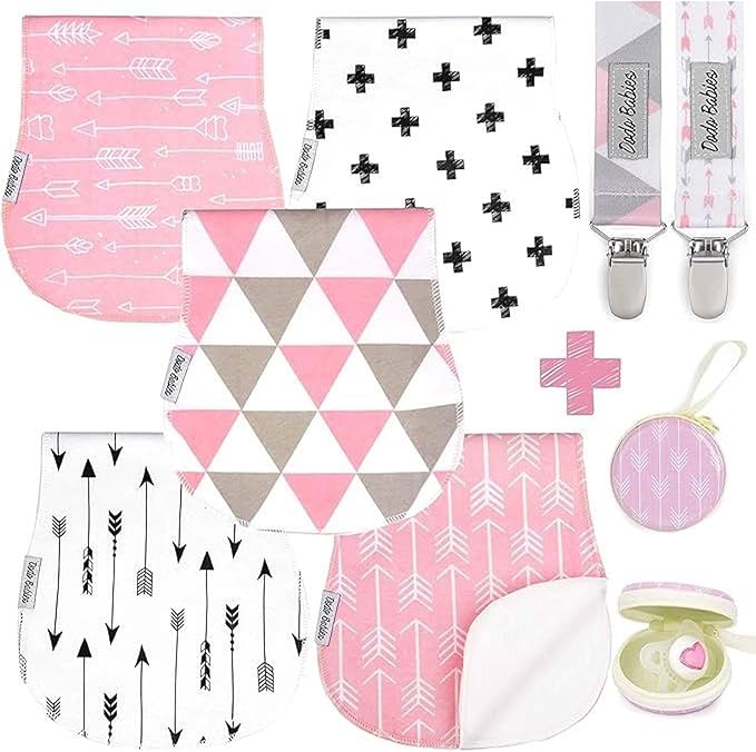 Dodo Babies Burp Cloths for Babies - Soft Cotton Front & Fleece Back - Contoured Fit for Newborn Essentials - Pack of 5, 2 Pacifier Clips, Pacifier Case, 19 x 9 in