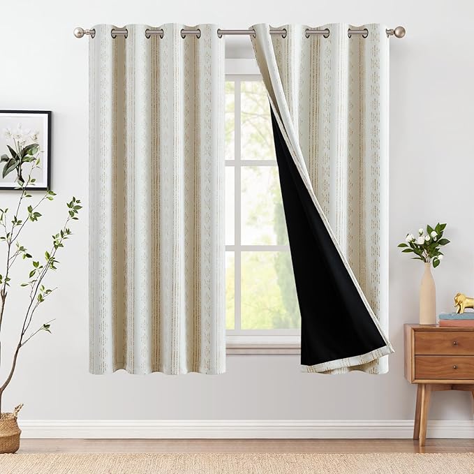 jinchan 95% Blackout Boho Curtains 54 Inch Length for Bedroom Beige Geometric Printed Grommet Top Room Darkening Thermal Insulated Window Drapes 2 Panels