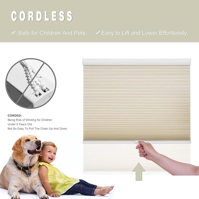 Changshade Cellular Shades Cordless Blinds for Indoor Windows, Honeycomb Blinds Pleated Window Shades Light Filtering for Bedroom, Bathroom, Shade Size 72 inch High 57 inch Wide, Beige