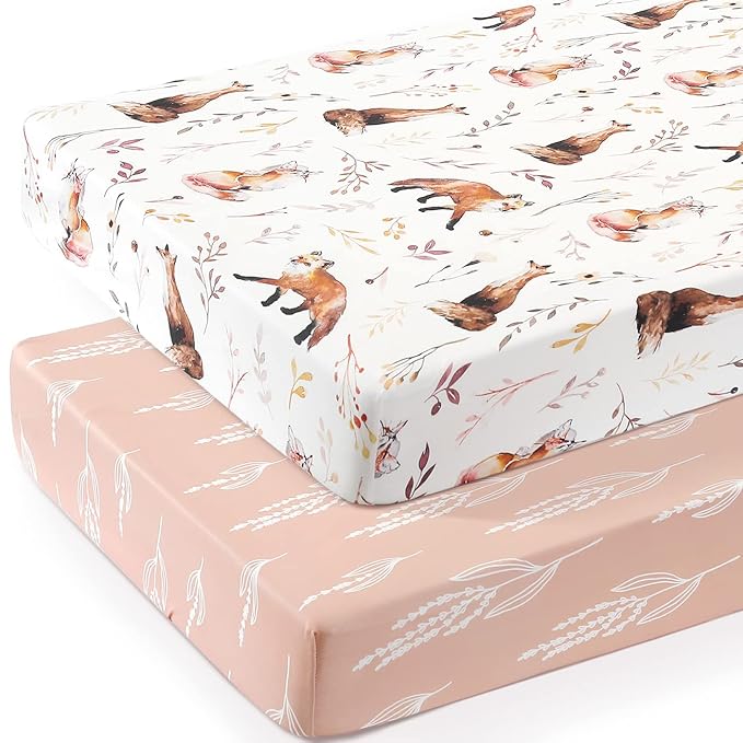 Stretch Ultra Soft Jersey Knit Fitted Crib Sheets Set 2 Pack，Fits All Standard Crib Mattress Pads Safe and Snug, Crib Fitted Sheet for Baby, Pretty Fox for Girls