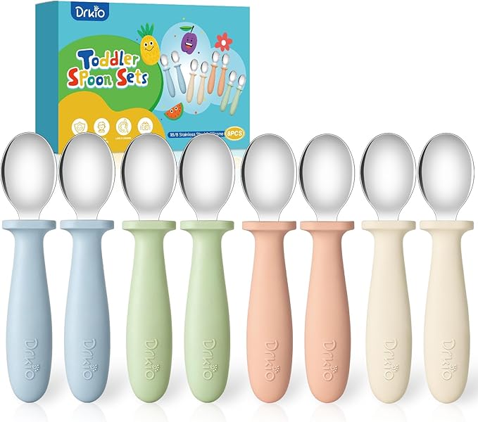 DRKIO 8 PCS Toddler Spoons Set - Baby Spoons with Silicone Handle Children safe 18/8 Stainless Steel Toddler Utensils Set for Self Feeding Kids Silverware Anti-Choke Design Food Grade Dishwasher Safe