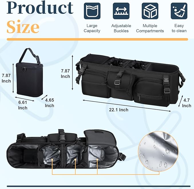 Double Stroller Organizer Compatible with Bob Duallie and Baby Jogger City Mini GT2, Double Baby Stroller Accessories with Cooler Bag, Parent Console Double Jogging Stroller Caddy with Cup Holder