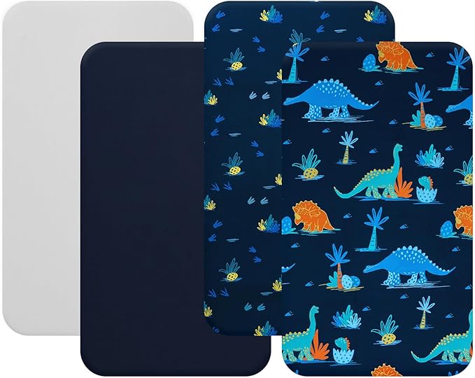 david's kids 4 Pack Fitted Crib Sheets, Ultra Soft Breathable Comfortable Baby Sheet Set for Boys Girls Neutral, 28x52 Inch Fits Standard Crib and Toddler Mattresses, Navy Dinosaur