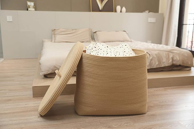 22"x14"x18" Rectangular Extra Large Storage Basket With Lid, Large Cotton Rope Storage Basket, Woven Laundry Hamper, Cloth Storage Bin, for Clothes Towels Blankets in Living Room, All Beige
