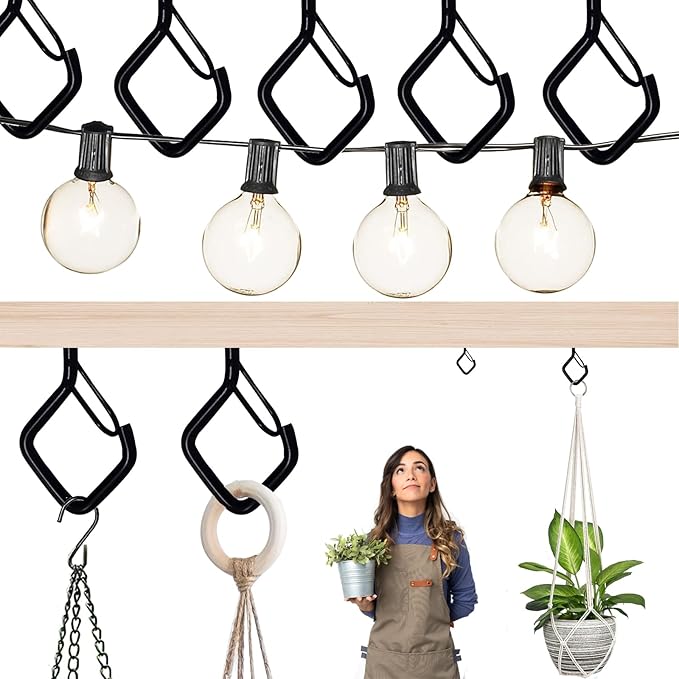 50 Pcs Outdoor Hooks for String Lights,Screw Hooks for Hanging Plants,Ceiling Hooks with Safety Buckle,Square Hanger for Wind Chimes,Bird Feeder,Lanterns,Christmas Decorations (Black)