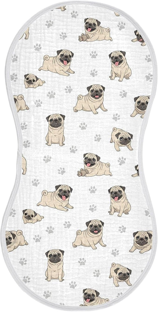Qinllo 1 Pack Muslin Burp Cloths Pugs Dog Paw White Cotton Baby Burp Cloths Ultra Absorbent Burping Cloth Soft Spit Up Rags for Baby Boys Girls 22x11 Inch