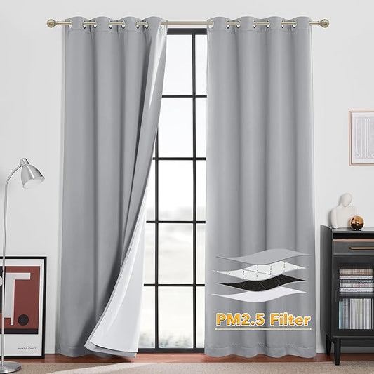 RYB HOME Soundproof & Dust Particle Filtering Curtains Blackout Window Treatment for Bedroom Living Room Divider Nursery Daytime Sleeping Patio Door, Silver Grey, W52 x L 108 inch, 2 Panels