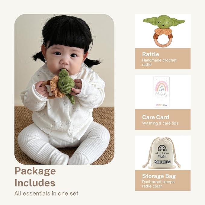 DICHA Wooden Baby Rattle-Crochet Baby Rattle- Infant Rattle Sensory Development Wooden Toys Set-Includes Beech Wooden Teething Ring- Baby Teether Green Alien Style
