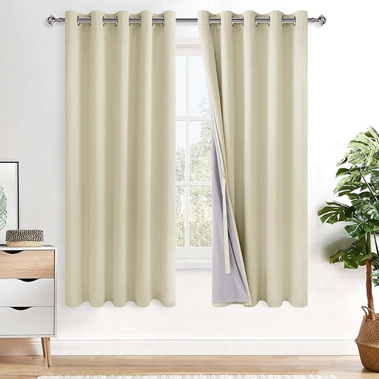 XWZO 100% Blackout Curtains - Heat and Full Light Blocking Drapes with Black Liner for Bedroom/Laundry Room, Grommet Top Window Panels with Tiebacks, Beige, W60 x L63, Set of 2