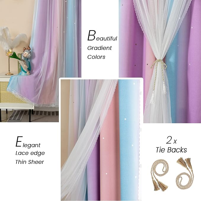Curtains for Girls Bedroom Purple and Pink Kids Curtain Star Cutout Rainbow Curtains for Girls Room Decor Window Nursery Curtain 63 inches Long Room Darkening Grommet, 2 Panels, W52 x L63