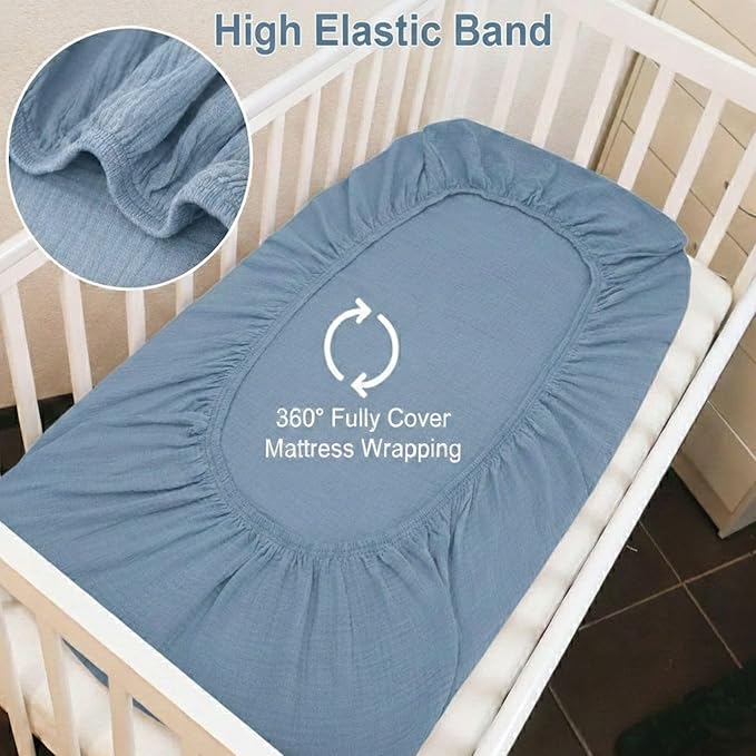 2 Pack Dusty Blue Muslin Crib Sheets for Boys & Girl- Neutral Breathable Cotton Crib Mattress Sheets Fitted for Standard 28"x 52"- Nursery Décor No Slip Crib Bed Sheets