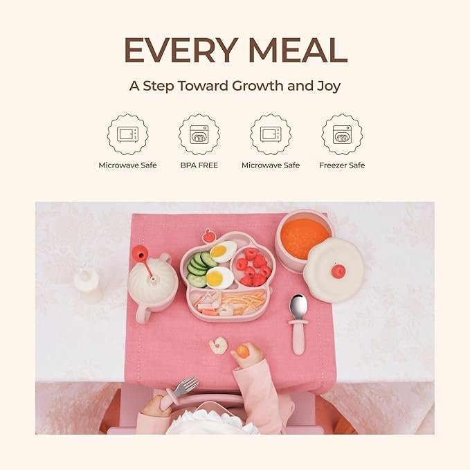 COZY ROCK Silicone Baby Feeding Set, Gelato Collection Baby Led Weaning Supplies, First Self-Feeding Set with Silicone Suction Bowl & Plate, Straw Cup & Bib, Fork & Spoon - Pink