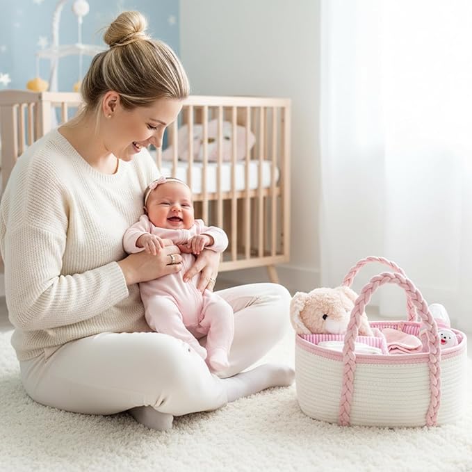 Baby Diaper Caddy, Portable Diaper Organizer for Changing Table, Car Travel Girls Shower Gifts Newborn Essentials, Cotton Rope Nursery Storage Basket for Girls (White＆Pink)