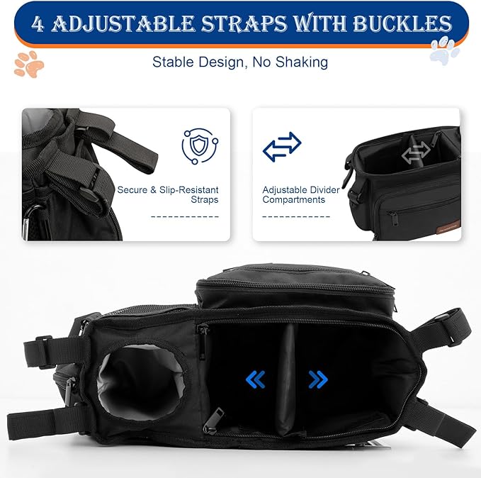 Dog Stroller Organizer Bag, Dog Mom Gifts for Women Pet Stroller Caddy, Stroller Accessories with Cup Holder, Poop Bag Dispenser, Pockets for Dog Essentials, Fits 14–19" Handles, Christmas Gift Ideas