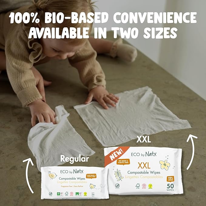Naty Baby Wet Wipes XXL | Natural, Unscented, 98% Purified Water for Sensitive Skin | Plant-Based & Fragrance-Free | Plastic-Free & Compostable | Gentle Newborn Diaper Wipes | 600 Count (12 Packs)