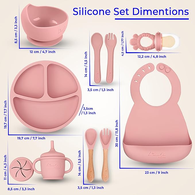 Silicone Baby Feeding Set, 10 Pcs Baby Led Weaning Supplies | BPA-Free Baby Dishes with Toddler Plates and Bowls Set, Silicone Bib, Suction Cup, Baby Spoons & Forks | Empower Independence – Pink