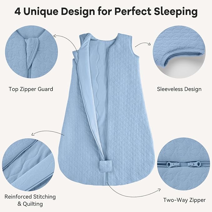 Unnivoll Baby Sleep Sack 18-24 Months TOG 2.5 Winter Baby Wearable Blanket, 100% Cotton Fabric Newborn Infant Sleeping Sack 2-Way Zipper Quilted Baby Sleep Bag, Warm Soft Blue