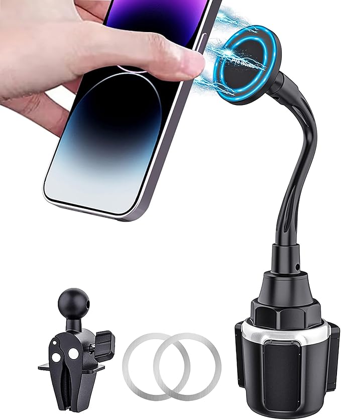 Cup Holder Phone Mount for Car, Magnetic – Designed for MagSafe, Secure Magnetic Hold, Stable Expandable Base, Flexible Reinforced Gooseneck, Compatible with iPhone, Galaxy, Pixel [Not Charger]