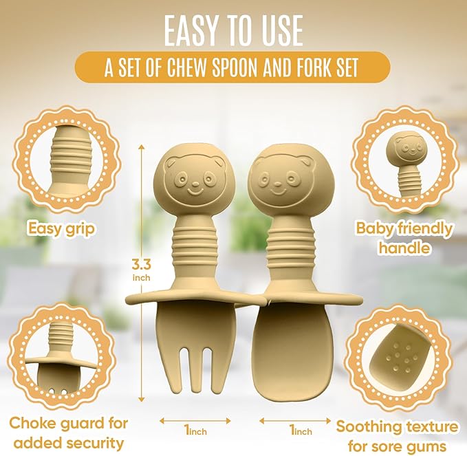 HippoBaby 4pc Silicone Baby Spoons Self Feeding Baby Utensils 6-12 Months - 3 Baby Spoon - 1 Baby Fork - Toddler Cutlery Set - BPA Free, Dishwasher Safe - Baby Eating Essentials (Green/Yellow) - Small