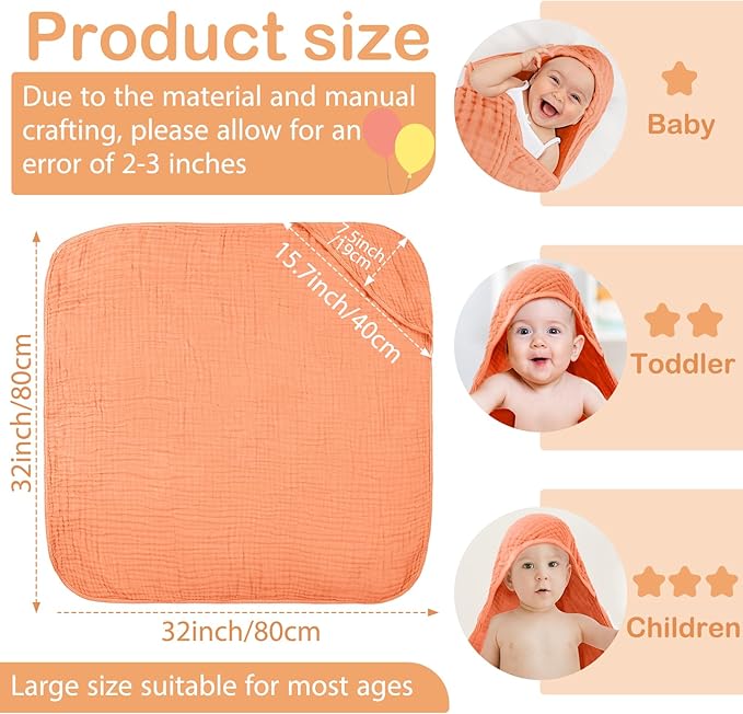 Peryiter 4 Pcs Muslin Hooded Baby Towels 32x32inch Cotton Newborn Bath Essentials Muslin Infant Blankets Absorbent Registry Baby Shower Present for Babies Girl Boy Kids (Rainbow Colors)