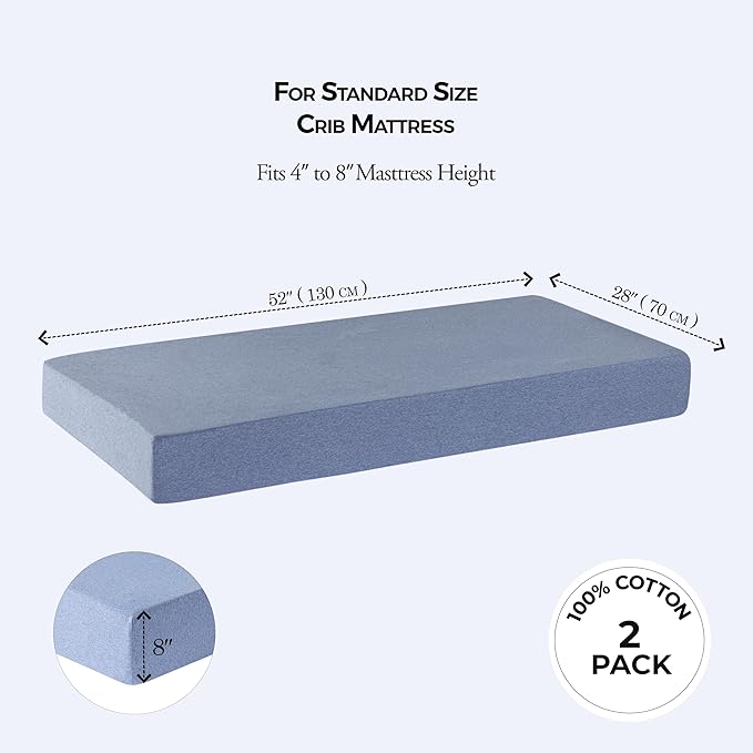 Dreamology Cotton Crib Sheets,2-Pack,Standard Crib Sheets Boys,Girls,100% Cotton Crib sheets,Baby Crib sheet,Cotton Crib Sheet Fitted and Toddler Bed Sheets,52x28 Crib Mattress Sheet | Dino,Denim Blue