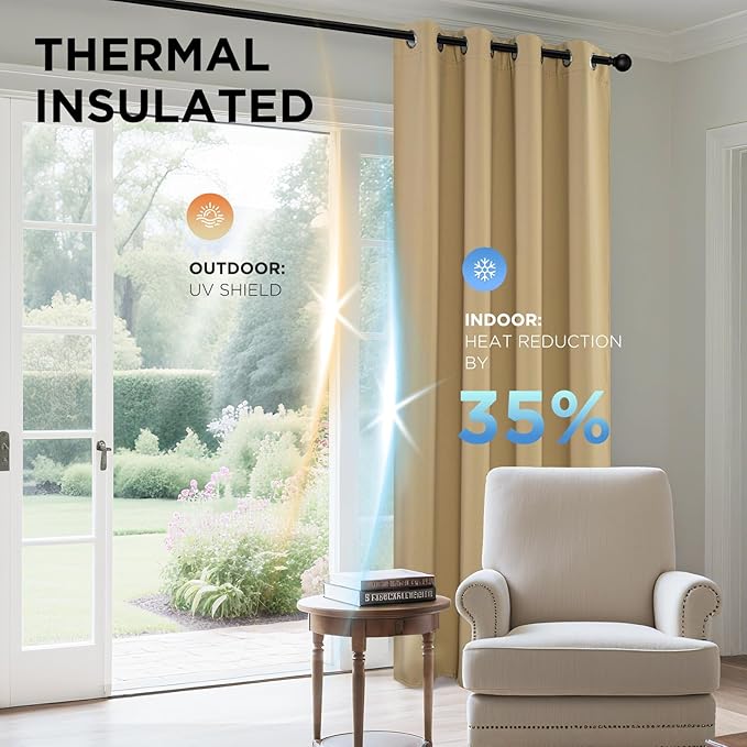 Joydeco Blackout Curtains 90 Inches Long 1 Panel, Thermal Insulated Long Curtains& Drapes 1 Piece, Room Darkening Grommet Drapes for Living Room Bedroom Window (W70 x L90 Inch, Beige)