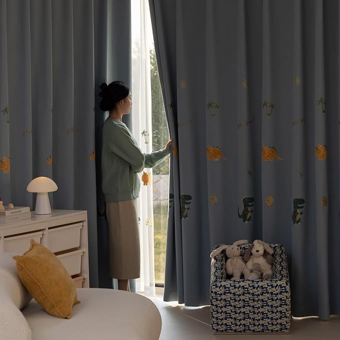 KMSG Cartoon Dinosaur Kids Curtains with Blackout Liner Embroidery Nursery Curtains for Children Boys Baby Bedroom Living Room Grommet Top Room Darkening Window Drapes 1 Panel (Blue,W78 x L102 Inch)