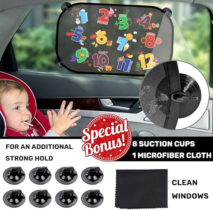 Car Sun Shade for Baby Kids 2 Pack Static Cling Side Window Car 80GSM Rear Sunshades Universal with 8 Suction Cups and Storage Bag - Sun Glare and UV Rays Protection (ABC+123)