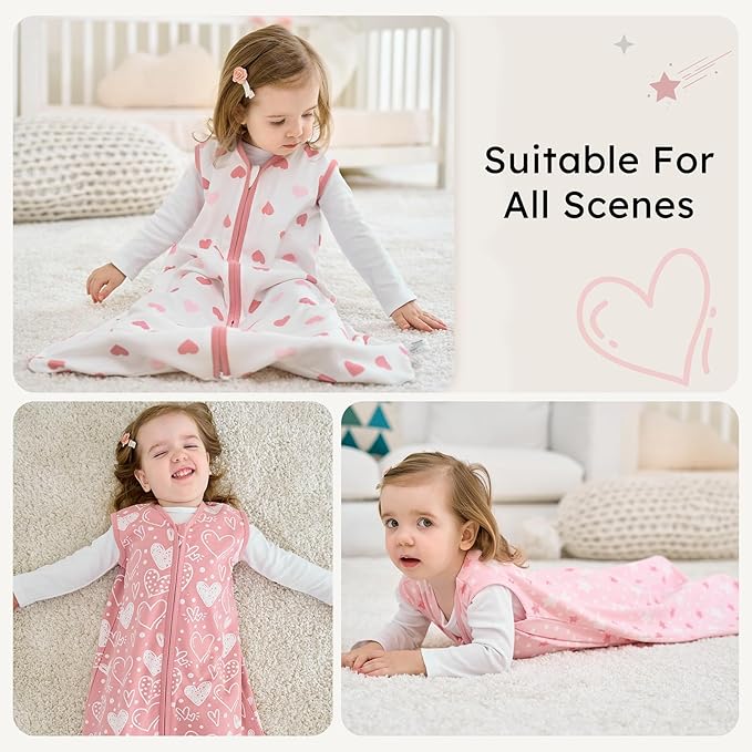 FIEMOL Baby Sleep Sack 6-12 months, 100% Cotton Sleeping Sack for Newborn and Infant, 3 Pack Baby Wearable Blanket for Boy and Girl, 0.5 Tog Lightweight Double Zipper Sleep Bag Pink Heart