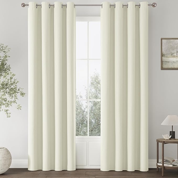 ChrisDowa 100% Blackout Ivory Solid Curtains 120 Inches Long 2 Panels for Bedroom Living Room,Farmhouse Room Darkening Thermal Insulated Soundproof Grommet Top Window Treatment Drapes,52x120