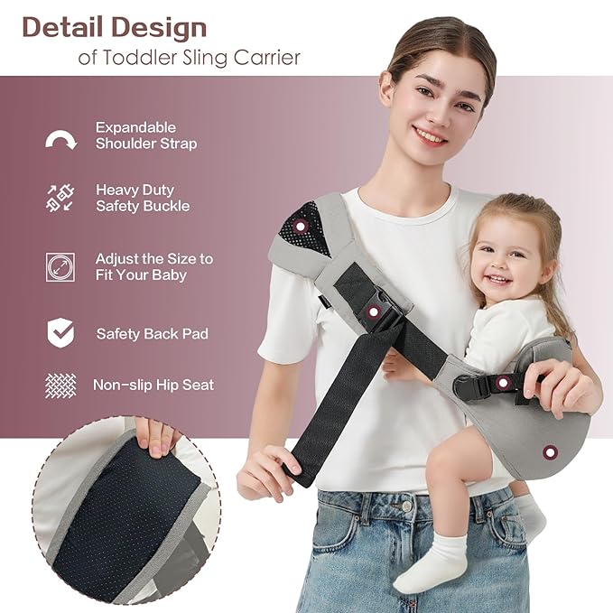Toddler Sling Carrier, Toddler Carrier Sling, Baby Carriers Hip Carriers with Backrest, Lightweight Travel-Friendly Baby Slings Carriers, Grey
