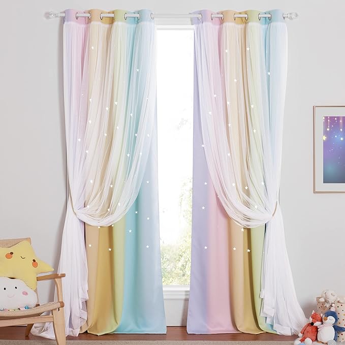 NICETOWN Rainbow Curtains for Baby, Kids Room Decor for Girls, Starry Drapes Overlapped with Tulle, Romantic Princess Decor for Girls (1 Pair = 104 inches Wide, Rainbow-3, 4 Tiebacks Included)