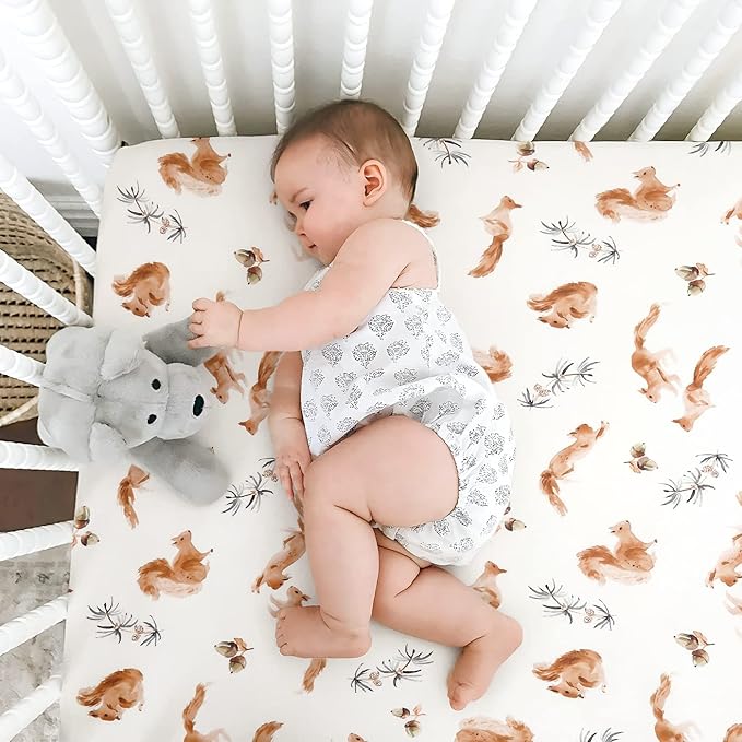 Stretch Ultra Soft Jersey Knit Fitted Crib Sheets Set 2 Pack，Fit All Standard Crib Mattress Pads Safe and Snug, Crib Fitted Sheet for Baby, Cute Jungle Squirrels and Animals